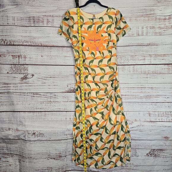 Farm Rio Mesh Midi Dress S Yellow Green Orange Sun Print Pockets Ruch Slits Line - Picture 2 of 16